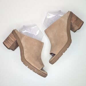 Lucky Brand Dalliey Suede Mules Tan Beige Open Toe Chunky Platform Heels Size 8